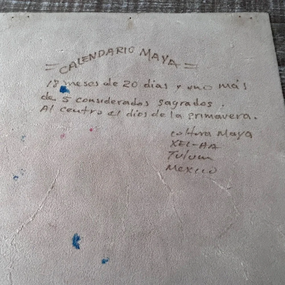 Vintage Mayan Hand Painted Calendar on Suede Signed Mexico Tribal Art Decor